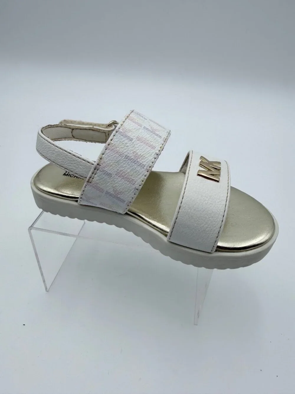Michael Kors Girls Gold White Sandals MK Logo  Adjustable Straps Size 8